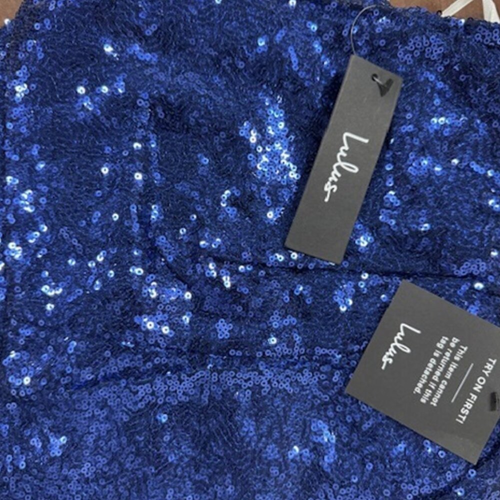 NWT Lulus Dancefloor Diva Blue Sequin Strapless Skort Romper - Picture 6 of 9